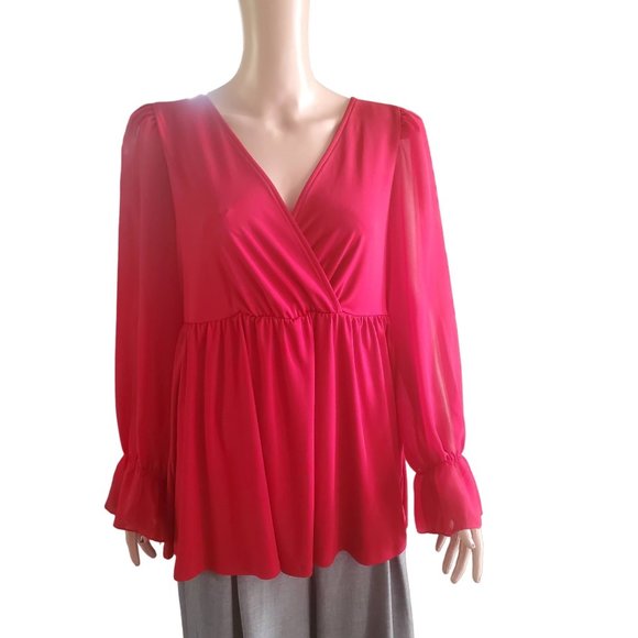 Torrid Sz 2X Babydoll Wrap Chiffon Sleeves Surplice Top Red Christmas Holiday - Picture 1 of 10